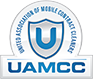 A white and blue logo for united association of mobile contract claarence.